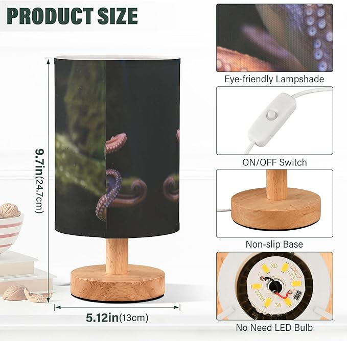 Octopus Marine Sea Life Wildlife Ocean Animal Table Lamp with Wood Base Fabric Lamp Shade Bedside Nightstand Desk Lamp for Living Room Bedroom Kids Room Office