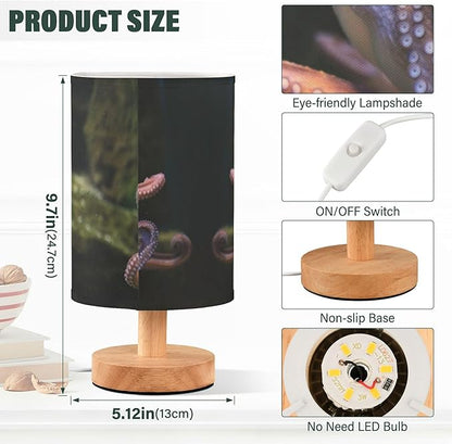 Octopus Marine Sea Life Wildlife Ocean Animal Table Lamp with Wood Base Fabric Lamp Shade Bedside Nightstand Desk Lamp for Living Room Bedroom Kids Room Office