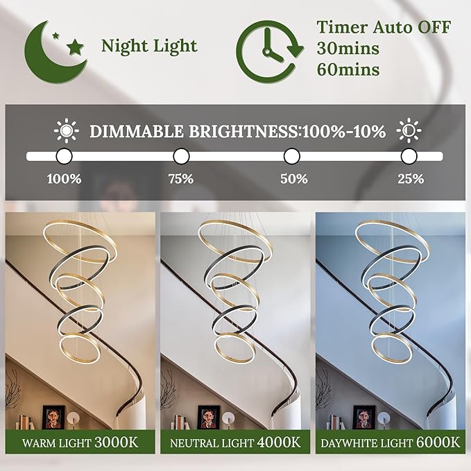 LED 5-Ring Chandelier Modern Vintage Gold Chandelier with Remote Control High Ceiling Foyer Chandeliers Light Brass Circle Round Chandeliers for Living Room Entry Motel,100W