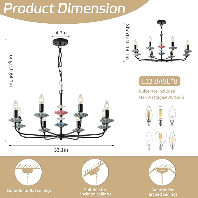 Black Chandeliers for Dining Room Light Fixture Over Table,8-Light Art Deco Chandelier, Modern Vintage Chandelier with Ceramic,Farmhouse Chandelier for Girls Bedroom,Living Room, Foyer