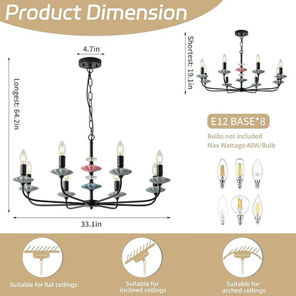 Black Chandeliers for Dining Room Light Fixture Over Table,8-Light Art Deco Chandelier, Modern Vintage Chandelier with Ceramic,Farmhouse Chandelier for Girls Bedroom,Living Room, Foyer
