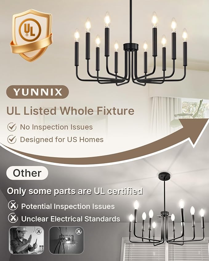 Yunnix 10 Light Matte Black Chandelier, Farmhouse Chandeliers for Dining Room Lighting Fixtures Hanging with Wrought Iron for Bedroom, Kitchen Foyer and Living Room