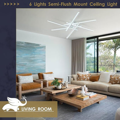 Modern LED Chandelier with Remote Control 6-Lights White Semi-Flush Mount Ceiling Lighting Fixture for Living Room, Bedroom, Dining Room 60W