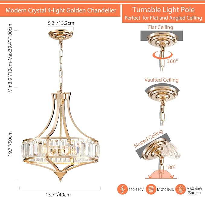 Crystal Chandeliers for Dining Room Modern Farmhouse 4-Light Rustic Mid Century Chandelier with Round Metal Lampshade, Perfect for Hallway Bedroom Foyer, Brush French Glod