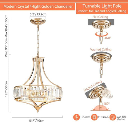 Crystal Chandeliers for Dining Room Modern Farmhouse 4-Light Rustic Mid Century Chandelier with Round Metal Lampshade, Perfect for Hallway Bedroom Foyer, Brush French Glod