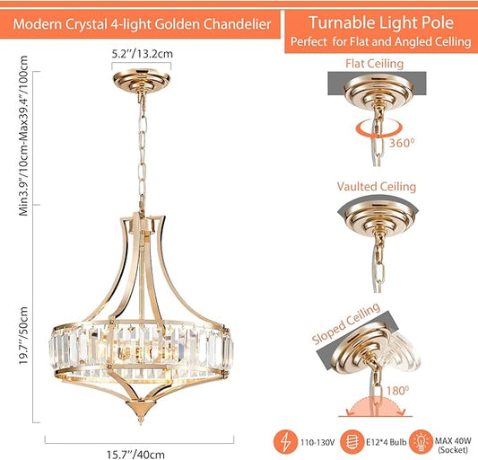 Crystal Chandeliers for Dining Room Modern Farmhouse 4-Light Rustic Mid Century Chandelier with Round Metal Lampshade, Perfect for Hallway Bedroom Foyer, Brush French Glod