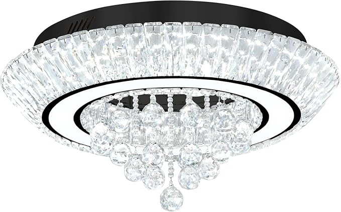 Glam Crystal Chandeliers, Modern Led Luxury Chandelier,24in Black Flush Mount Chandelier Ceiling Light, Raindrop Chandeliers for Dining Room, Living Room, Bedroom