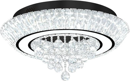 Glam Crystal Chandeliers, Modern Led Luxury Chandelier,24in Black Flush Mount Chandelier Ceiling Light, Raindrop Chandeliers for Dining Room, Living Room, Bedroom