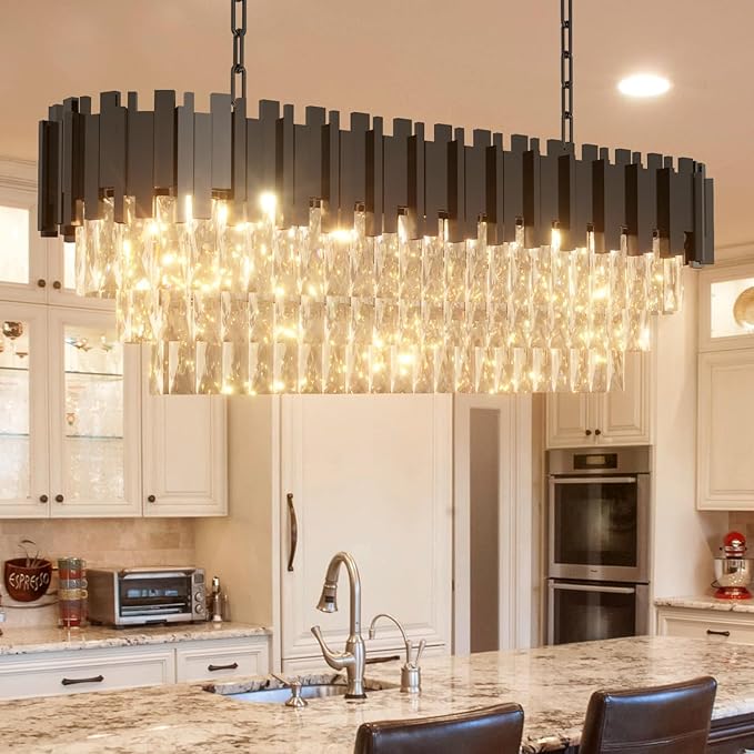 40" Black Rectangular Crystal Chandelier for Dining Room, 10-Light Luxury Crystal Raindrop Chandeliers, Adjustable Height Chandelier for Staircase, Living Room, Foyer