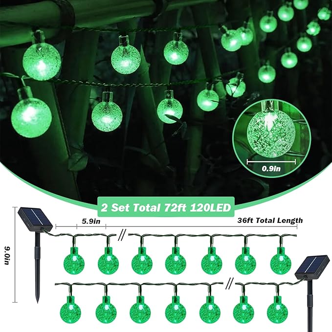 USOKYO Solar Lights Outdoor Waterproof, 2 Pack Total 120LED 72FT Solar String Lights for Outside with 8 Modes, Outdoor String Lights Crystal Globe Patio Lights for Garden Yard Party Decor (Green)