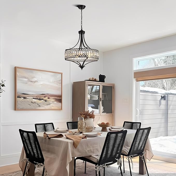 20" Black Crystal Chandeliers for Dining Room, 5-Light Modern Farmhouse Round Crystal Chandelier Light Fixture, Adjustable Height Hanging Pendant Lights Living Room Bedroom Kitchen Island Entryway