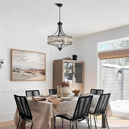 20" Black Crystal Chandeliers for Dining Room, 5-Light Modern Farmhouse Round Crystal Chandelier Light Fixture, Adjustable Height Hanging Pendant Lights Living Room Bedroom Kitchen Island Entryway