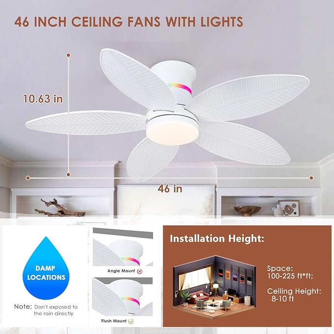 Tropical Palm Leaf RGB Ceiling Fans with Lights 46”, White Flush Mount Ceiling Fan with Light and Remote, 3CCT Dimmable LED&&Side RGB Light, Reversible 6 Speeds, Quite Low Profile Ceiling Fan Party
