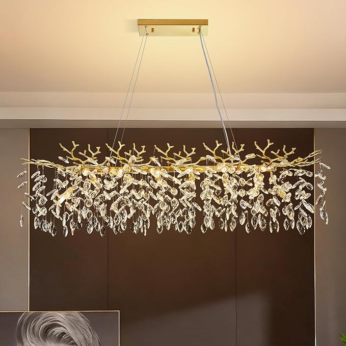 Modern Tree Branch Crystal Chandelier 47.2" Gold Large Rectangular Pendant Lighting 14-Light K9 Crystal Chandeliers for Dining Room Kitchen Living Room Foyer Entryway (Gold, L47.2-Rectangle)