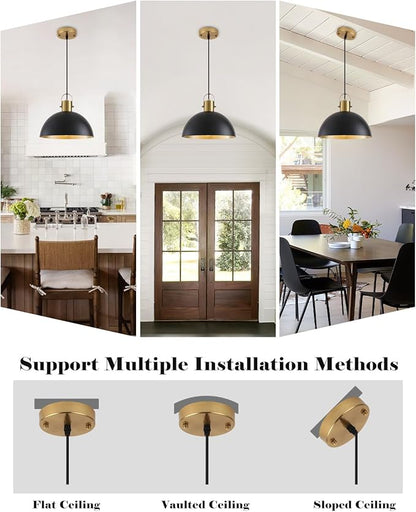 Black and Gold Pendant Light 2 Pack, 11.8 Inch Pendant Lights Kitchen Island, Dome Pendant Lights, Farmhouse Pendant Light for Kitchen Island, Dining Room, Living Room