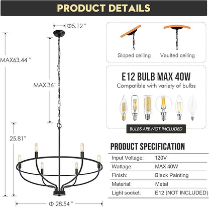 Black Dining Room Light Fixture, 6-Light Farmhouse Black Chandelier for Bedroom Metal Candle Chandeliers Hanging Lighting for Kitchen Living Room Entryway Foyer, 28.54in