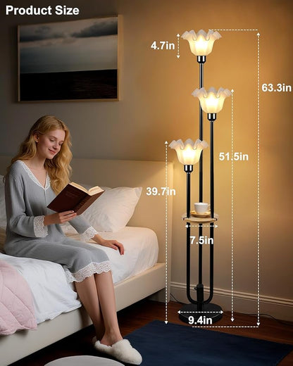 Flower Floor Lamp for Living Room, Dimmable Vintage Floor Lamp with Shelf & LED Bulbs, 3 Light 3000K Warmwhite Mid Century Black Floral Tall Standing Lamp with 5Lbs Heavy Base for Bedroom