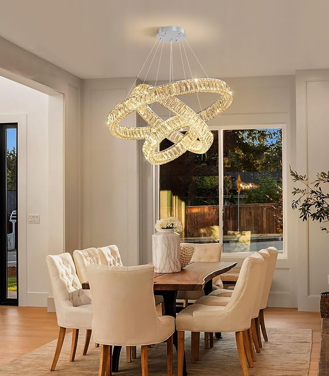 HAIXIANG Modern Glam Chandelier Crystal LED Remote Rings Chandelier Adjustable Hanging Ceilings Pendant Lights Fixture Silver 8"+16"+24" Rings Lighting