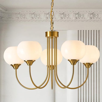 Modern Globe Chandelier 5 Light Mid Century White Milk Glass Vintage Sputnik Hanging Chandeliers Gold Pendant Light Fixtures for Dining Room Kitchen Living Room Bedroom