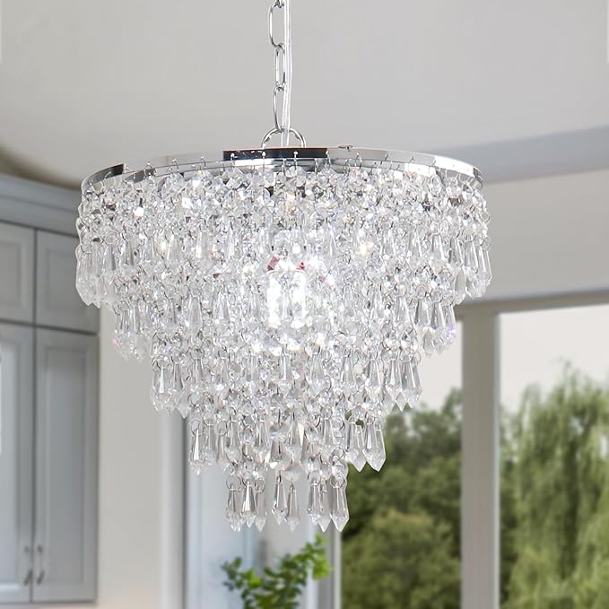 FRIXCHUR 11.8'' Crystal Chandelier Chrome Crystal Ceiling Light Led Flush Mount Ceiling Pendant Light Metal LED Pendant Light for Bedroom Living Room Foyer