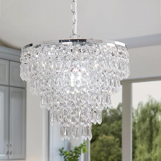 FRIXCHUR 11.8'' Crystal Chandelier Chrome Crystal Ceiling Light Led Flush Mount Ceiling Pendant Light Metal LED Pendant Light for Bedroom Living Room Foyer