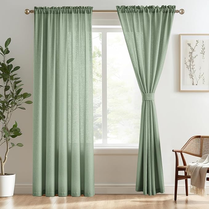 Melodieux Sage Green Semi Sheer Curtains 96 Inches Long for Living Room, Bedroom Faux Linen Texture Farmhouse Rod Pocket Shiny Sheer Curtains Drapes Light Filtering, 52" W x 96" L, 2 Panels