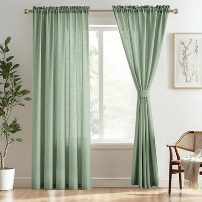 Melodieux Sage Green Semi Sheer Curtains 96 Inches Long for Living Room, Bedroom Faux Linen Texture Farmhouse Rod Pocket Shiny Sheer Curtains Drapes Light Filtering, 52" W x 96" L, 2 Panels