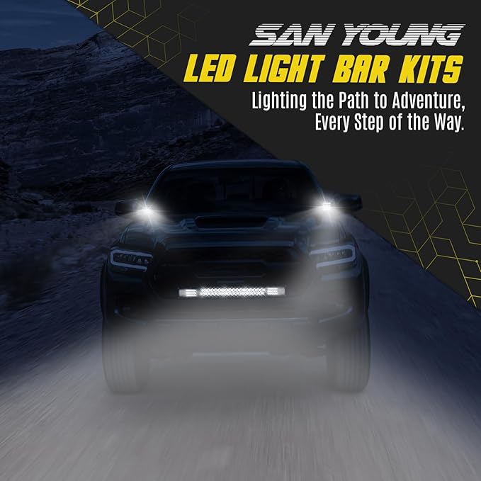 SAN YOUNG LED Light Bar Kit, (2) 20 Inch Slim Light Bars, (4) 4 Inch LED Pods, (2) Wiring Harness, 12V 24V Car Truck ATV UTV SXS RV Tractor Work Lights, Waterproof Off Road Driving Lighting
