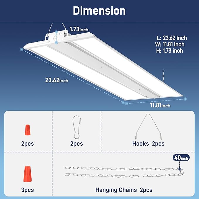 hykolity 2FT 150W LED Linear High Bay Shop Light, 20250 lm, 135LM/W, 120-277V, 0-10V Dim, 5000K, Hanging Light Fixture for Warehouse Workshops, UL Listed