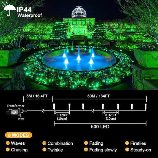 kemooie 500 LED Green St. Patrick's Day Lights, 164 FT Waterproof Fairy String Lights with 8 Modes & Memory Function, Plug in Outdoor String Light for Xmas Garden Balcony St. Patrick's Day Decor
