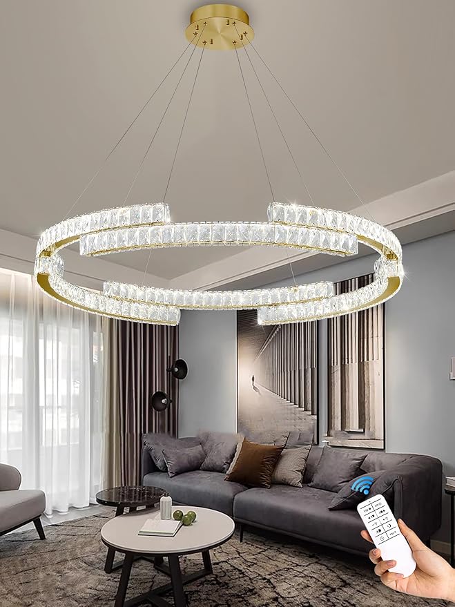 D47.5'' Gold Modern Crystal Ring Chandeliers for Living Room Dinning Room Crystal Pendant Light Dimmable 3000k-6000k