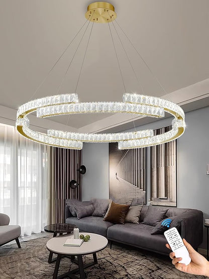 D47.5'' Gold Modern Crystal Ring Chandeliers for Living Room Dinning Room Crystal Pendant Light Dimmable 3000k-6000k