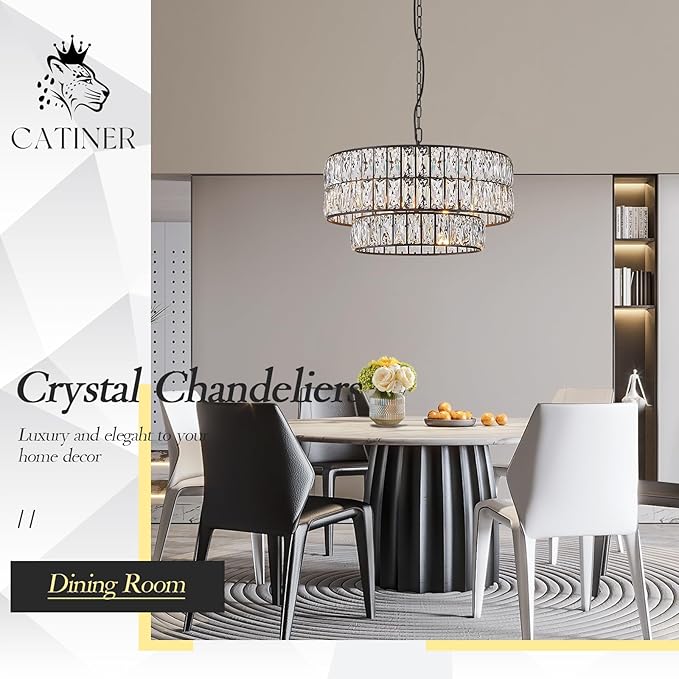 CATINER Black Crystal Chandelier 6-Lights Luxury Crystal Pendant Chandelier 20'' Drum Semi Flush Mount Ceiling Lights for Dining Room Foyer Living Room Bedroom Kitchen
