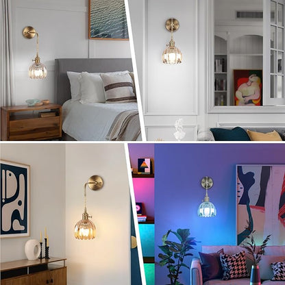 Vintage Battery Operated Wall Sconces Sets Of Two,Indoor not Hardwired Amber Tulip Glass Lampshade Fixtures,Rechargeable Wireless RGB Wall Lights with Dimmable Remote Control,for Bedroom Living Room