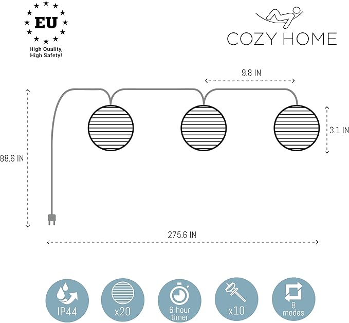 Cobus CozyHome Lantern String Lights Outdoor - 20 Lantern LEDs & 23 ft with 8 Modes | Warm White Outdoor Lampion String Lights Electric Lighting 23 ft Christmas Light