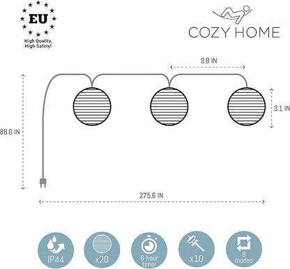 Cobus CozyHome Lantern String Lights Outdoor - 20 Lantern LEDs & 23 ft with 8 Modes | Warm White Outdoor Lampion String Lights Electric Lighting 23 ft Christmas Light