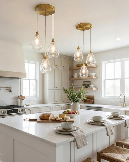 Brushed Gold 3-Light Pendant Lighting, Modern Dining Room Light Fixture Over Table with Hammered Glass, Cluster Hanging Lights for Kitchen Island Dining Room