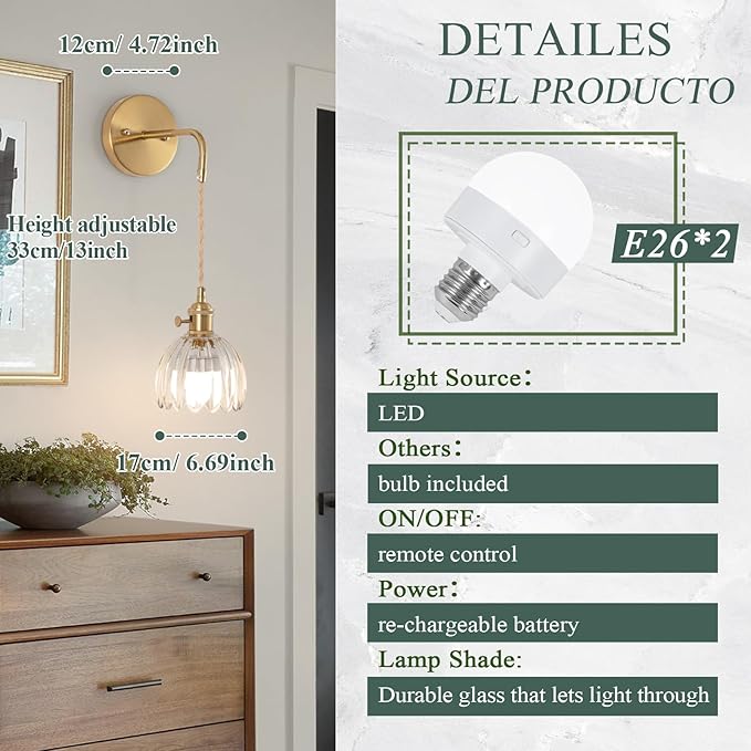 Vintage Battery Operated Wall Sconces Sets Of Two, Indoor not Hardwired Transparent Tulip Glass Lampshade Fixtures, Rechargeable Wireless RGB Wall Lights with Dimmable Remote, for Bedroom Living Room