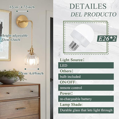 Vintage Battery Operated Wall Sconces Sets Of Two, Indoor not Hardwired Transparent Tulip Glass Lampshade Fixtures, Rechargeable Wireless RGB Wall Lights with Dimmable Remote, for Bedroom Living Room
