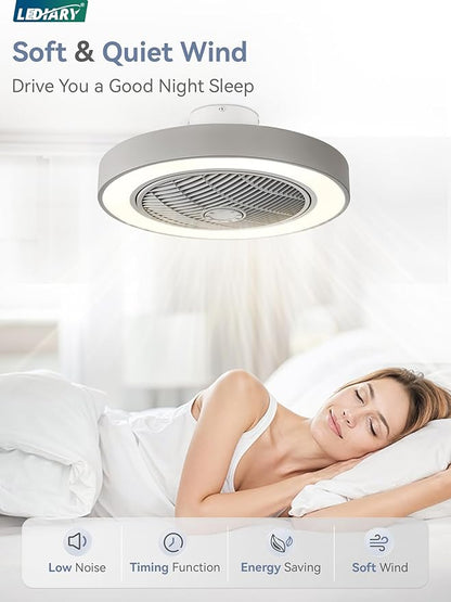 LEDIARY 22in Enclosed Ceiling Fan with Light and Remote, Grey Modern Bladeless Ceiling Fan with Bright Light, Led Flush Mount Ceiling Fans for Bedroom, Living Room, Kid Room(6 Speeds, 3000-6000K)