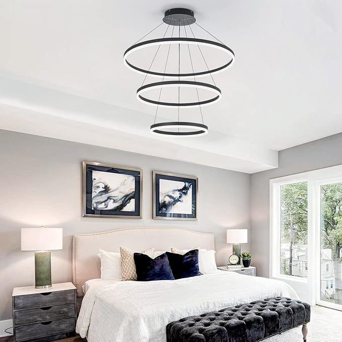 3-Rings D31.5’’ Modern LED Chandelier Black, Dimmable Pendant Lighting with Remote Control Circular Flush Mount High Ceiling Light for Living Dining Room Bedroom Foyer, 3000K-6500K
