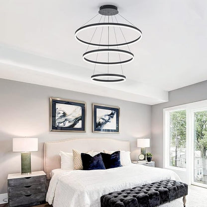 3-Rings D31.5’’ Modern LED Chandelier Black, Dimmable Pendant Lighting with Remote Control Circular Flush Mount High Ceiling Light for Living Dining Room Bedroom Foyer, 3000K-6500K