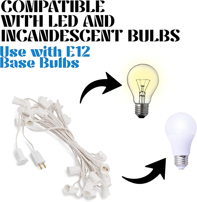 HLO Lighting C7 Light Strings | 50' White Cord with 12" Socket Spacing, E12 Light Stringer for C7 Christmas Lights