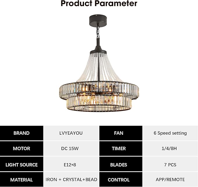 24“ Farmhouse Crystal Chandelier Ceiling Fan with Lights, Remote & App Control, 6-Speed Reversible Large Fandelier, Double Layer Design for Bedroom, Living Room (Black)