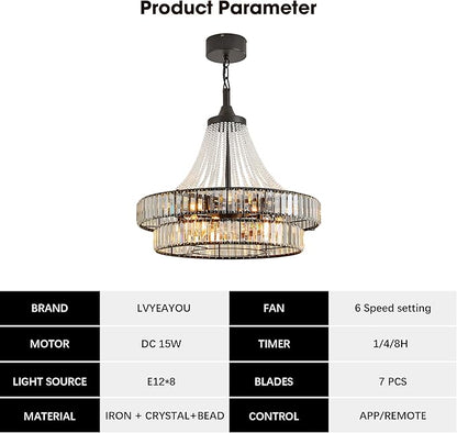 24“ Farmhouse Crystal Chandelier Ceiling Fan with Lights, Remote & App Control, 6-Speed Reversible Large Fandelier, Double Layer Design for Bedroom, Living Room (Black)