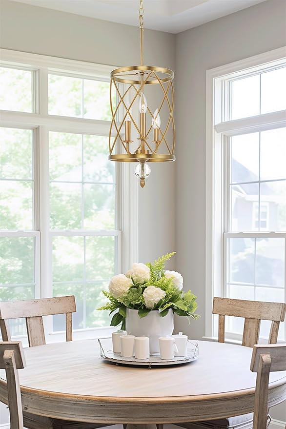 Kira Home Eleanor 27" Modern 3-Light Geometric Gold Lantern Chandelier, Cylinder Trellis Cage Gold Pendant Light with Crystal Finial, Warm Brass Finish