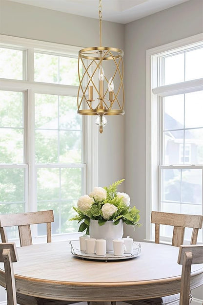 Kira Home Eleanor 27" Modern 3-Light Geometric Gold Lantern Chandelier, Cylinder Trellis Cage Gold Pendant Light with Crystal Finial, Warm Brass Finish