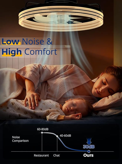 20-Inch Low Profile Ceiling Fan with Lights and Remote Control, Black Modern Flush Mount LED Ceiling Fan, Quiet Fandelier with 6 Wind Speeds, 3000K–6500K Dimmable Lighting for Bedroom