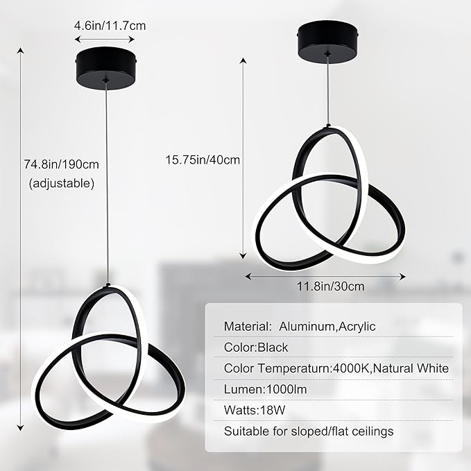 MAYNA Modern Spiral Led Chandelier, 4000K Pendant Light Kitchen Island, 18W Adjustable Height Island Light Fixture for Kitchen Bedroom Kitchen Island Cafe, 3 Pack (Black)