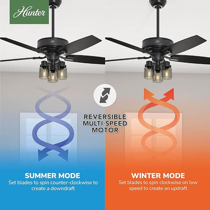 Hunter 52 inch Indoor Ceiling Fan with LED Lights and Remote Control - Black Ceiling Fan, Standard Mount, 5 Blades, For Bedroom, Living Room, or Kitchen, Quiet - Bennett 54189, Matte Black